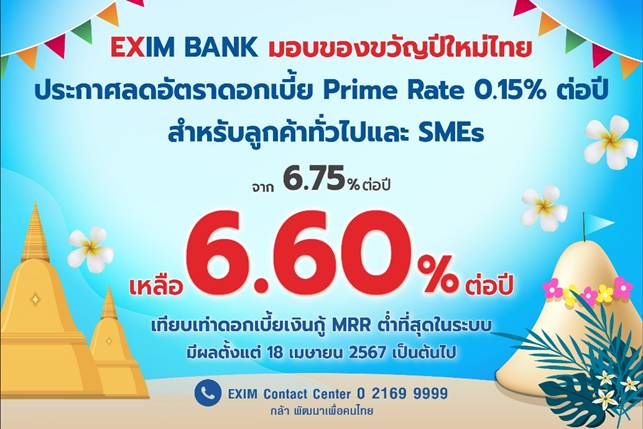 EXIM BANK มอบของขวัญปีใหม่ไทย ปรับลดอัตราดอกเบี้ย Prime Rate เหลือ 6.60% ต่อปี ต่ำที่สุดในระบบ