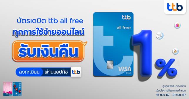 บัตรเดบิต ttb all free ทุกการใช้จ่ายออนไลน์ รับเงินคืน 1% ถึงสิ้นปี 2567